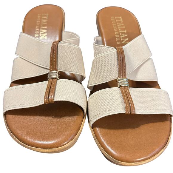 Italian Shoemaker Slip On Wedge Sandals SZ 7 Beige Flex Strap Open Toe - Picture 1 of 9